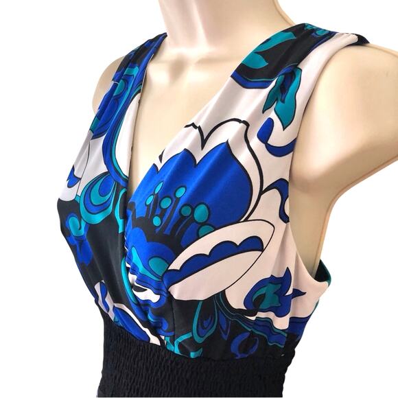 Rabbit Rabbit Rabbit Blue Floral Fit & Flare Dress Sleeveless Black Trim V Neck - Picture 14 of 16